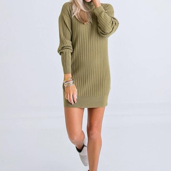 KARLIE Olive Green Ribbed Cashmere Rayon Mini Sweater Dress Size S - Picture 2 of 7
